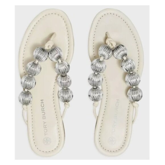 Tory Burch Capri Fluted Beads Leather Thong Sandals Ivory White Womens Size 9 - Picture 1 of 9